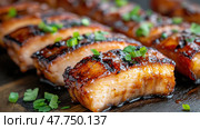 Вкусный жареный угорь унаги с зеленым луком — кулинарная презентация для меню ресторана или вдохновение для кулинарии. Стоковое AI-изображение, AI-художник ФотоИнтеллект / Фотобанк Лори