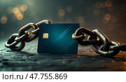 Simulated credit card secured by a thick metal chain on a textured surface with blurred bright lights in the background. Стоковое AI-изображение, AI-художник Сергей Толмачёв / Фотобанк Лори