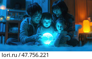 Laughter fills the air as a family gathers around a luminous orb, creating magical moments in their warm and inviting home. Стоковое AI-изображение, AI-художник Данила Большаков / Фотобанк Лори