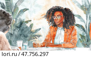 In a cozy café adorned with greenery, two women participate in a focused discussion, sharing ideas and creativity over beverages. Стоковое AI-изображение, AI-художник Данила Большаков / Фотобанк Лори