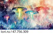 Four luminous UFOs emit beams of light above a mystical, colorful landscape filled with trees and swirling colors. Стоковое AI-изображение, AI-художник Данила Большаков / Фотобанк Лори