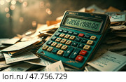 Vintage calculator rests on a chaotic pile of receipts and invoices casting a nostalgic aura in a dimly lit environment. Стоковое AI-изображение, AI-художник Сергей Толмачёв / Фотобанк Лори