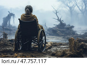 A woman sits in a wheelchair, looking out at a fog-covered, devastated area with fallen trees and debris, evoking a sense of loss and reflection. Стоковое AI-изображение, AI-художник Данила Большаков / Фотобанк Лори