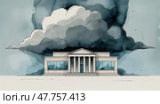 Artistic depiction of a neoclassical building under a looming storm with dramatic clouds. Стоковое AI-изображение, AI-художник Сергей Толмачёв / Фотобанк Лори