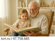 Чтение вслух. Дедушка читает книгу маленькой внучке в уютной комнате. Стоковое AI-изображение, AI-художник Башкирова Анна / Фотобанк Лори