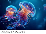 Подводные сцены с биолюминесцентными существами. Стоковое AI-изображение, AI-художник Ксения Коваль / Фотобанк Лори