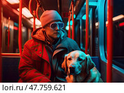 Guide dog accompanies blind man during bus ride on trip around city, created with Generative AI. Стоковое AI-изображение, AI-художник Данила Большаков / Фотобанк Лори
