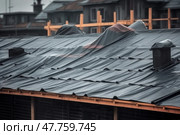 View of house under construction with red roof on waterproofing layer, created with Generative AI. Стоковое AI-изображение, AI-художник Данила Большаков / Фотобанк Лори