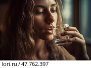 Sensual woman drinks water from a glass to quench her thirst. Стоковое AI-изображение, AI-художник Данила Большаков / Фотобанк Лори