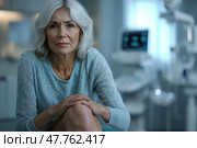 An elderly woman with grey hair wearing a light sweater is sitting in a medical office, her hand on her knee and looking at the camera with a worried expression. The background is slightly blurred, but medical equipment is visible, indicating that the scene takes place in a hospital or clinic. The lighting is cool, creating an atmosphere of seriousness and anticipation of a diagnosis or medical consultation. Suitable for themes: healthcare, diagnostics, elderly, pain, arthritis, anxiety, health care. Стоковое AI-изображение, AI-художник Анна Кривицкая / Фотобанк Лори