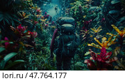 A man wearing a backpack is trekking through a dense jungle, surrounded by lush green vegetation and tall trees. Стоковое AI-изображение, AI-художник Данила Большаков / Фотобанк Лори