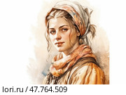 A watercolor portrait of a young woman in traditional clothing, with a headscarf and a warm scarf. The image conveys a sense of calm, natural beauty and peasant simplicity. The color palette is kept in warm, earthy tones, which gives the illustration a vintage and ethnographic mood. Perfect for themes about folk culture, ethnic style, historical reconstructions or art projects. Стоковое AI-изображение, AI-художник Анна Кривицкая / Фотобанк Лори