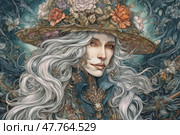 A delightful artistic illustration of a woman with long, wavy silver hair, dressed in a richly decorated fantasy costume. Her wide-brimmed hat is decorated with bright flowers, and the image itself resembles a fairy-tale priestess of nature or a forest goddess. Around her are ornate leaves, flowers and patterns, emphasizing the magical atmosphere. Subtle details, complex composition and fantasy aesthetics make this image ideal for themes: nature, fantasy, feminine magic, fairy-tale characters, art. Стоковое AI-изображение, AI-художник Анна Кривицкая / Фотобанк Лори