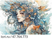 A watercolour fantasy illustration of a woman with her eyes closed, adorned with an intricate wreath of flowers, leaves and feathers. Her hair is intertwined with natural elements, creating a sense of oneness with the surrounding flora. An exotic bird flies nearby with its wings outstretched. The colour palette is delicate, with blue, turquoise and warm orange shades dominating, giving the image a dreamy, ethereal mood. The painting conveys the magic of nature, inner harmony and artistic sophistication. Стоковое AI-изображение, AI-художник Анна Кривицкая / Фотобанк Лори