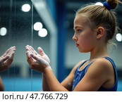 Young girl is in a gymnasium, looking at her reflection in a mirror. Стоковое AI-изображение, AI-художник Sergey Grishin / Фотобанк Лори