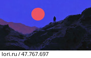 Силуэт одинокого исследователя на фоне яркой восходящей луны на фоне скалистого горного пейзажа. Стоковое AI-видео, аниматор ФотоИнтеллект / Фотобанк Лори