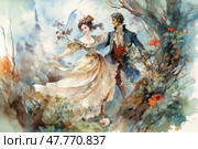 A romantic 18th century style watercolor illustration depicting a loving couple strolling through a picturesque forest. The woman in a light pastel dress with a flower crown on her head radiates joy and lightness. The man in an elegant frock coat accompanies her with admiration and attention. The composition is filled with flowers, foliage and an airy atmosphere, creating a sense of fairy-tale magic and idealized love. Suitable for themes related to romance, fashion history, art, vintage aesthetics and fairy tales. Стоковое AI-изображение, AI-художник Анна Кривицкая / Фотобанк Лори
