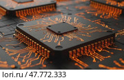Microchips glowing with circuitry on a dark background. Стоковое AI-видео, аниматор KATERINA AI / Фотобанк Лори