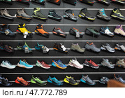 On black wooden wall of showcase - there are samples of models of hiking and climbing shoes (2023 год). Редакционное фото, фотограф Яков Филимонов / Фотобанк Лори