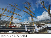 Monaco, Monaco Ville, Monte-Carlo, 2015.09.04: Four-masted barque ship, the Russian training ship is in the port of Hercules in Monaco, in the program of the Year of Russia in Monaco, sunny day. Редакционное фото, фотограф Vladimir Drozdin / Фотобанк Лори
