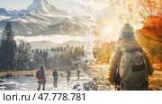 Several individuals are walking together across a field covered in a blanket of snow. The snow-covered landscape creates a stark backdrop for their movement. Стоковое AI-изображение, AI-художник Данила Большаков / Фотобанк Лори