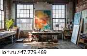 Room filled with multiple large windows and a painting hanging on the wall. Стоковое AI-изображение, AI-художник Данила Большаков / Фотобанк Лори