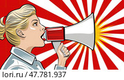 A woman standing in front of a red and white background, holding a megaphone and preparing to speak. Стоковое AI-изображение, AI-художник Данила Большаков / Фотобанк Лори