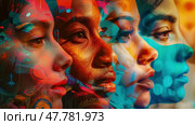 A group of women with varying skin tones stand together, showcasing diversity. Each woman has a different colored face, representing multiculturalism and inclusion. Стоковое AI-изображение, AI-художник Данила Большаков / Фотобанк Лори