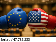 Политическое противостояние. Боксерские перчатки с флагами ЕС и США символизируют политическое столкновение. Стоковое AI-изображение, AI-художник Башкирова Анна / Фотобанк Лори