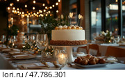 Elegant wedding reception with beautifully decorated cake and romantic lighting in a cozy venue. Стоковое AI-изображение, AI-художник Сергей Толмачёв / Фотобанк Лори