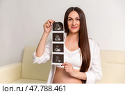 Maternity Concept. Happy pregnant woman holding ultrasound photo of her baby while sitting on a cozy sofa at home. White wall wall background. Expectant mother keeping sonography scan. Стоковое фото, фотограф Ирина Михайличенко / Фотобанк Лори