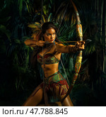 Amazon, Young female archer in jungle. Стоковое AI-изображение, AI-художник Михаил Коханчиков / Фотобанк Лори