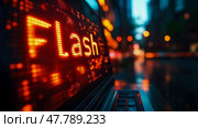 A vibrant red flash sign attracts attention on a city street, glowing against a backdrop of buildings as twilight sets in. Стоковое AI-изображение, AI-художник Данила Большаков / Фотобанк Лори