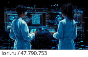 Two scientists explore advanced technology and data visualization while conducting research in a modern, high-tech laboratory environment. Стоковое AI-изображение, AI-художник Данила Большаков / Фотобанк Лори