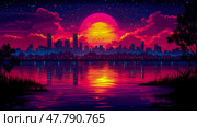 A stunning sunset illuminates the skyline, casting vibrant colors across the water, while silhouettes of buildings emerge against a vivid sky. Стоковое AI-изображение, AI-художник Данила Большаков / Фотобанк Лори