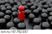 A Red Figure Stands out Against a Field of Black Spheres, Representing the Identification of Insider Threats. Стоковое AI-изображение, AI-художник Sergey Grishin / Фотобанк Лори