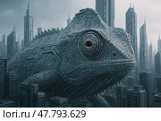 Camouflaged Chameleon in Futuristic Megacity. Стоковое AI-изображение, AI-художник Максим Гребешков / Фотобанк Лори