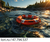 A red life preserver is seen floating alone in the middle of a vast lake, ready to provide assistance in case of emergency. Стоковое AI-изображение, AI-художник Данила Большаков / Фотобанк Лори