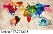 A detailed and colorful rendering of the world map, done in watercolor, showcasing geographic boundaries and continents with intricate details. Стоковое AI-изображение, AI-художник Данила Большаков / Фотобанк Лори