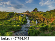 Beautiful rural landscape with waterfall. Стоковое фото, фотограф Сергей Завьялов / Фотобанк Лори