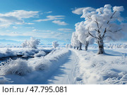 Winter scene featuring snow-covered trees lining a stream in a tranquil setting. Стоковое AI-изображение, AI-художник Данила Большаков / Фотобанк Лори