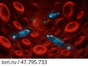 Nanobots travel through blood vessel highway inside body. Стоковое AI-изображение, AI-художник Максим Гребешков / Фотобанк Лори