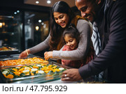 Family stands in front of a variety of food items on display, looking at the different options available. Стоковое AI-изображение, AI-художник Данила Большаков / Фотобанк Лори