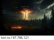 Massive object flies through the night sky above a dense forest, casting a shadow over the landscape. Стоковое AI-изображение, AI-художник Данила Большаков / Фотобанк Лори
