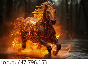 Horse galloping through a shallow body of water, splashing and creating ripples as it moves gracefully. Стоковое AI-изображение, AI-художник Данила Большаков / Фотобанк Лори