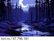 River meanders through a dense forest, illuminated by the brightness of a full moon. Стоковое AI-изображение, AI-художник Данила Большаков / Фотобанк Лори