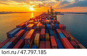 A cargo ship loaded with colorful containers navigates through a busy harbor as the sun sets over the horizon. Стоковое AI-изображение, AI-художник Данила Большаков / Фотобанк Лори