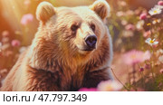 A large brown bear in vibrant meadow flowers. Perfect for wildlife documentaries, conservation campaigns or any project that seeks to evoke the mystery and power of this animal. Стоковое AI-видео, аниматор ALLA YURTAYEVA / Фотобанк Лори
