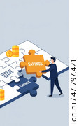 Векторная иллюстрация: Человек добавляет недостающий пазл "Savings" (сбережения) к общей картине бюджета. Планирование финансов и ежемесячного бюджета, накопления, инвестиции. Редакционное AI-изображение, AI-художник Ирина Першина / Фотобанк Лори