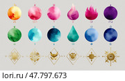 Colorful representation of elemental symbols in a mystical style on a neutral background, showcasing artistic creativity. Стоковое AI-изображение, AI-художник Сергей Толмачёв / Фотобанк Лори